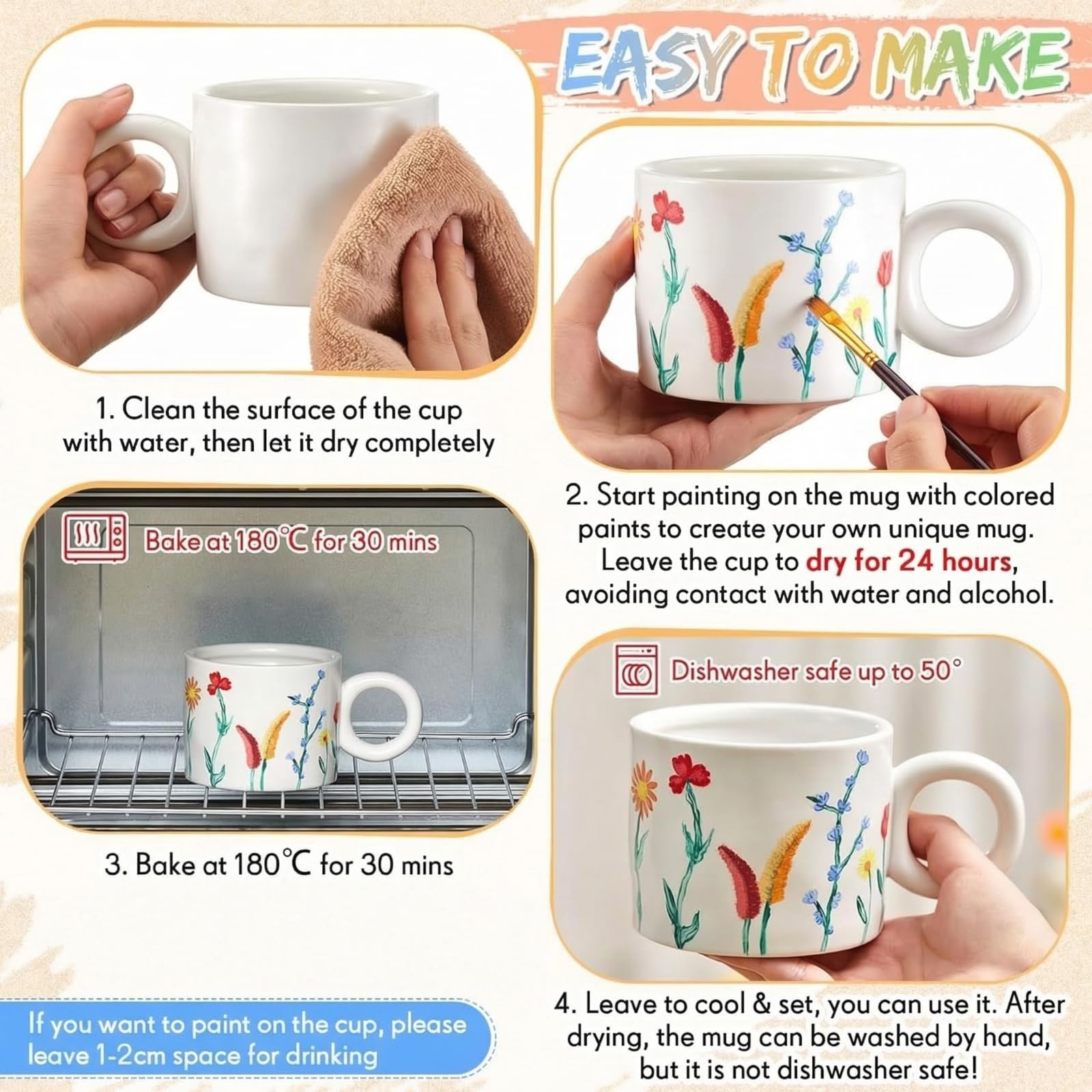 Sinmoe Set di Pittura su Tazza in Ceramica per Adulti 2 Tazze 12 Colori Ceramici 3 Pennelli 1 Tavolozza Regalo Mug Fai da Te Kit Bicchiere da Dipingere da Caffè per Compleanno Natale(Forma di Fiore)