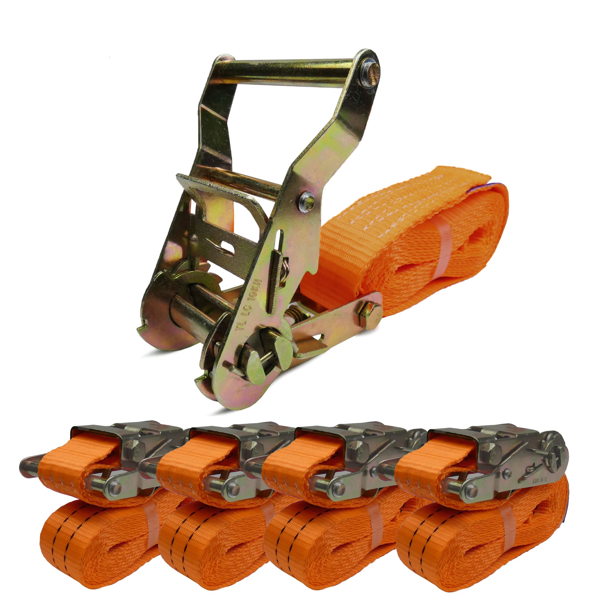 4 Stück Spanngurte mit Ratsche / 2000Kg 6m – Einteilige Zurrgurte - 2000 daN – Ratschen Gurt Signal Orange - Ladungssicherung (35mm x 6m)