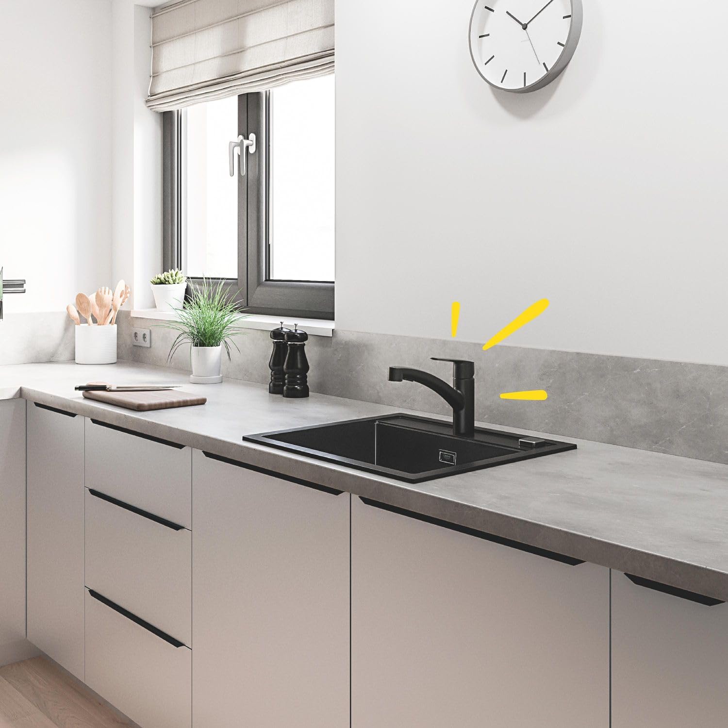 GROHE Start, Küchenarmatur 2 Strahlarten (Wasserhahn Küche, ausziehbare Brause, 90° schwenkbar, wassersparend dank variabler Mengenbegrenzung, werkzeugfreie Spülbecken-Montage), schwarz, 303072431
