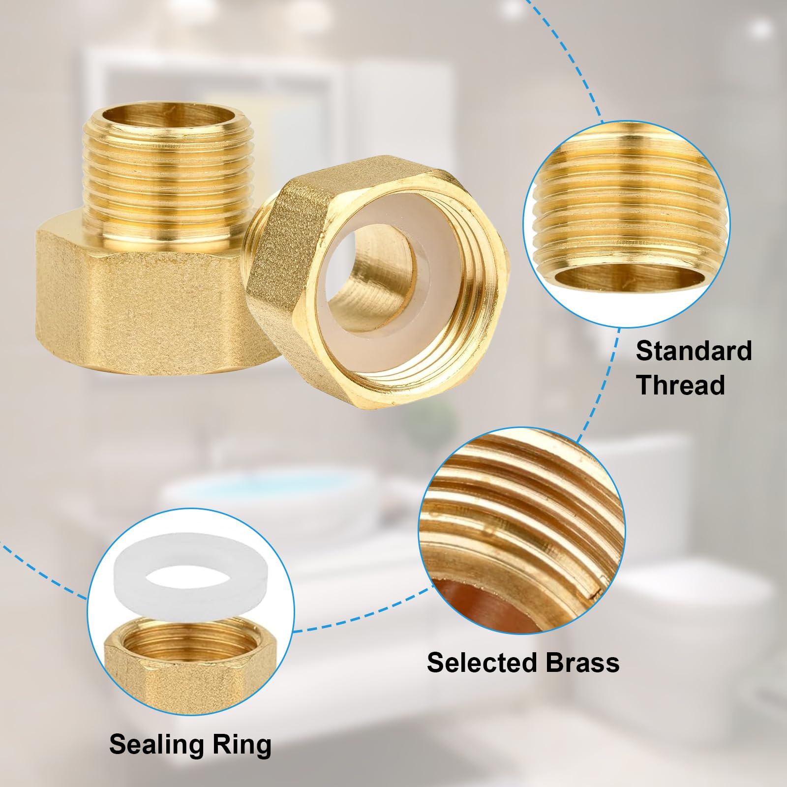 Produktbild von 2er-Set Reduzierung 3/4″ Auf 1/2″ – Messing-Adapter Mit Innengewinde 25 Mm & Außengewinde 20 Mm – Inkl. Dichtband & 2 Dichtungen – Für Wasser-, Gas- & Heizungsleitungen