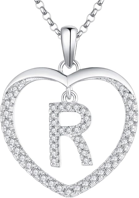 JO WISDOM Women Heart Necklace,925 Sterling Silver 26 Letters Alphabet Pendant Necklace with 3A Cubic Zirconia Personalized Jewellery Gift