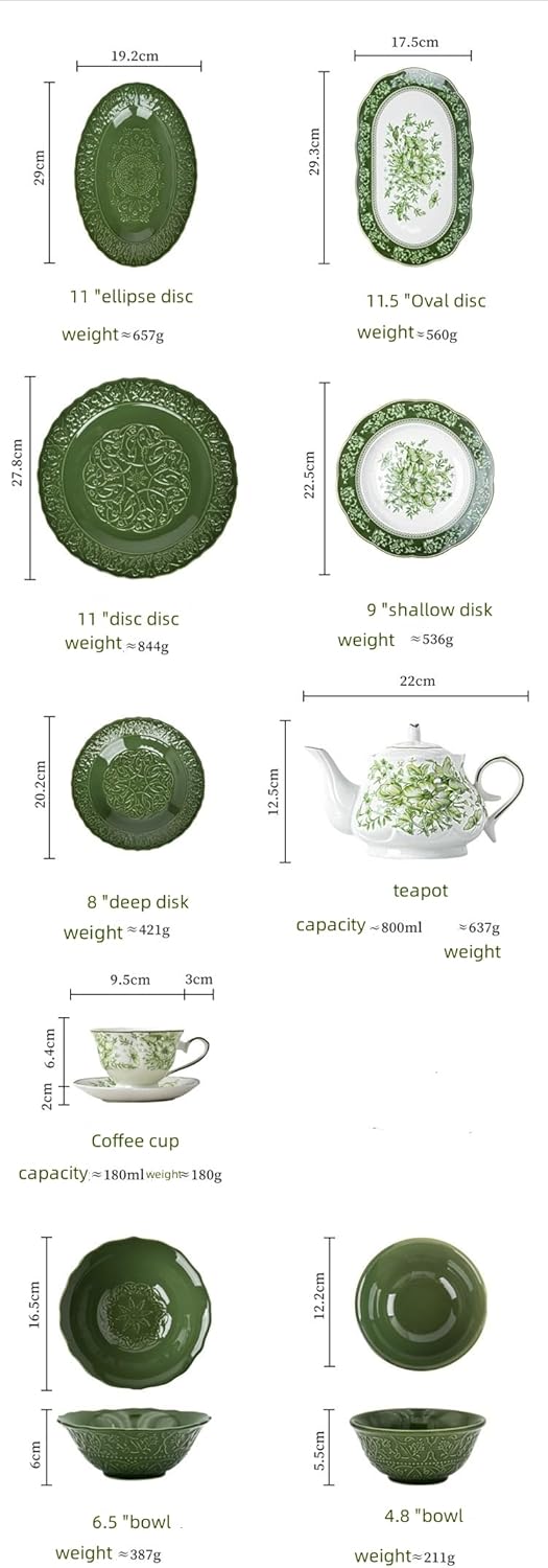 Ceramic Tableware Dish Coffee Pot Coffee Cup Set in Dark Green Retro ReliePattern Dishware set (For 2 people)