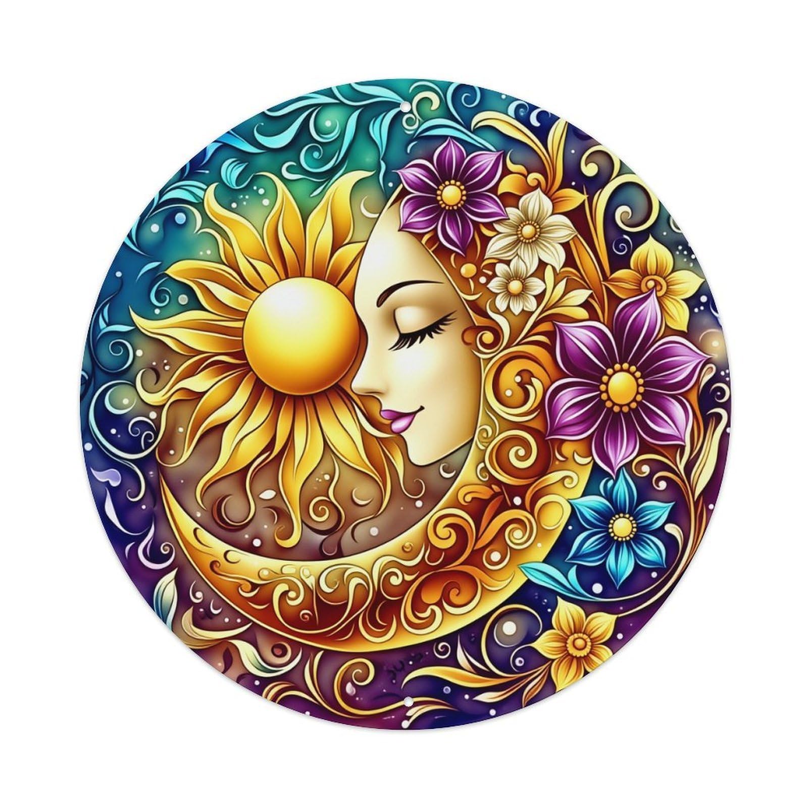 Sun Moon Face Flowers Swirls Round Tin Sign Retro Metal Sign for Cafe Bar Pub Home Game Room Gym Club Wall Decoration Vintage Metal Poster 8x8 Inch