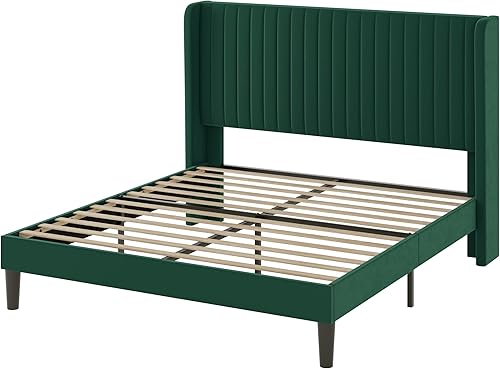 Miniatura 8 de Allewie Marco de cama tamaño queenplataforma tapizada de terciopelo, cabecera con alas capitonadas de canal verticallistones de madera fuertes, no