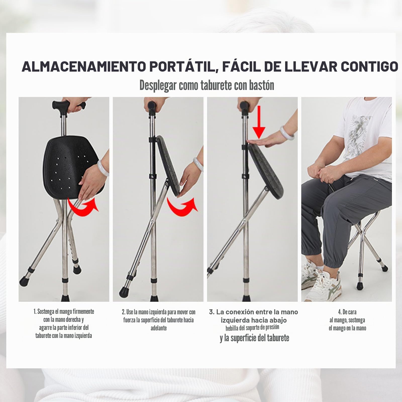 Bastón con asiento, capacidad de 120 kg, tabla de asiento grande en cinco posiciones de altura ajustable, caña y taburete de doble uso, bastón con asiento para adultos en reposo, personas mayores y