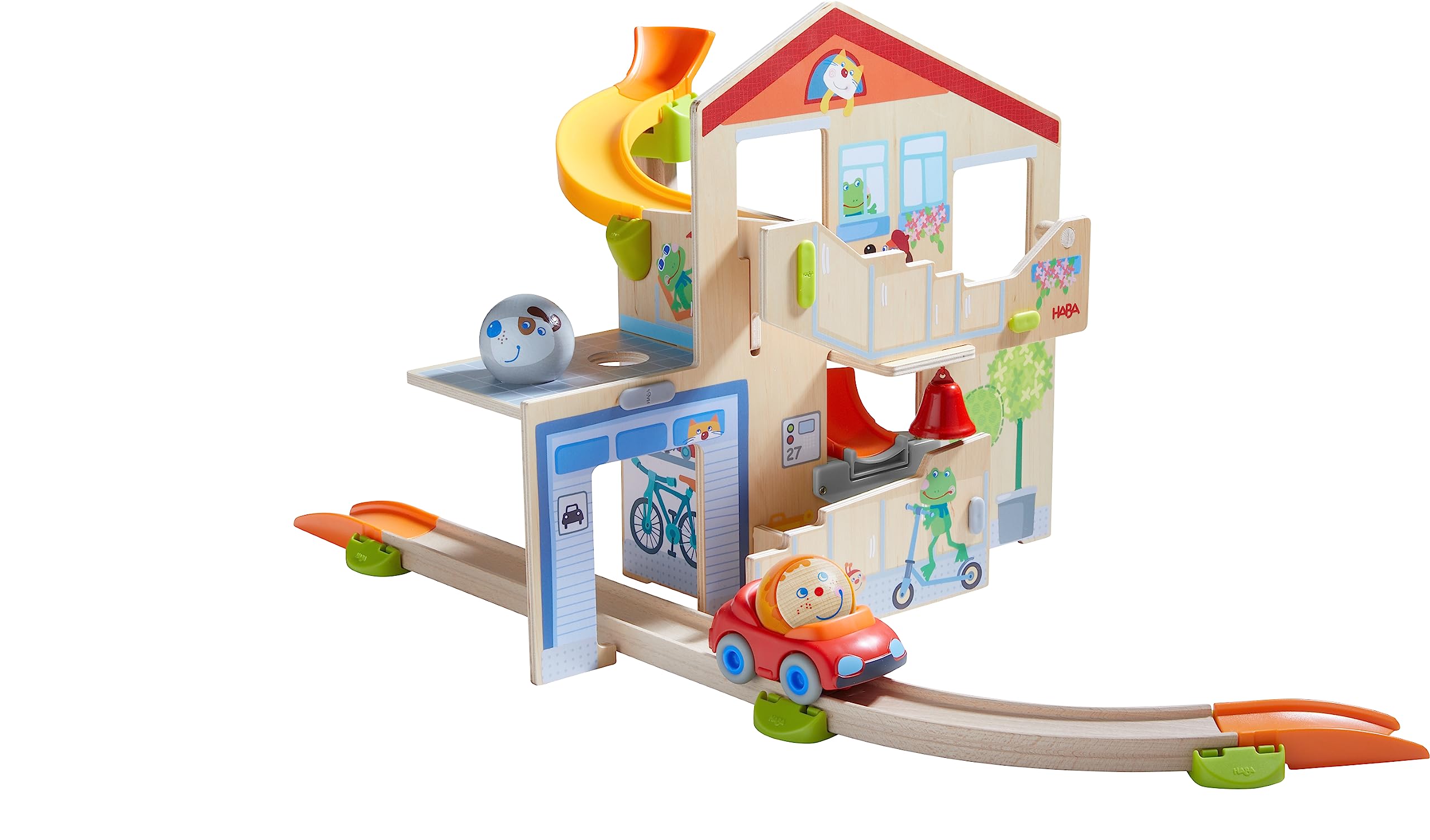 HABA Kullerbü – Spielbahn Kullerhausen – Kugelbahn ab 2 Jahren mit Glöckchenhaus & Cabrio – 17-teiliges Holzspielzeug-Starterset zur Motorikförderung – Erweiterbar – 1307198001