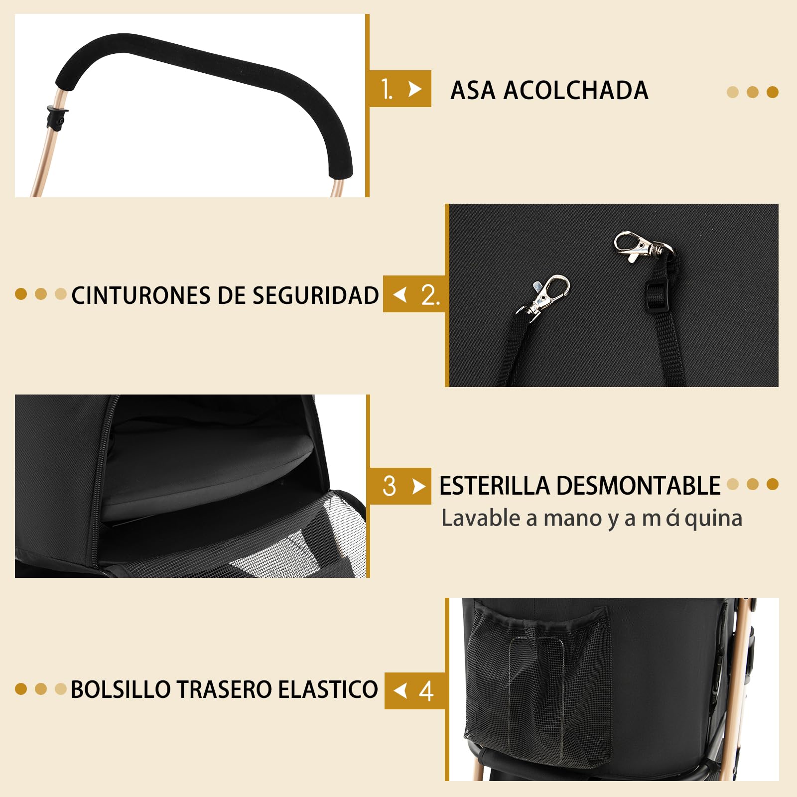 GYMAX Carro para Mascotas 3 en 1, Cochecito Plegable para perros con Soporte Extraíble y Capota Ajustable, Carga 15 kg, Ventanas de Malla, para Perros, Gatos Pequeños/Medianos (Negro)