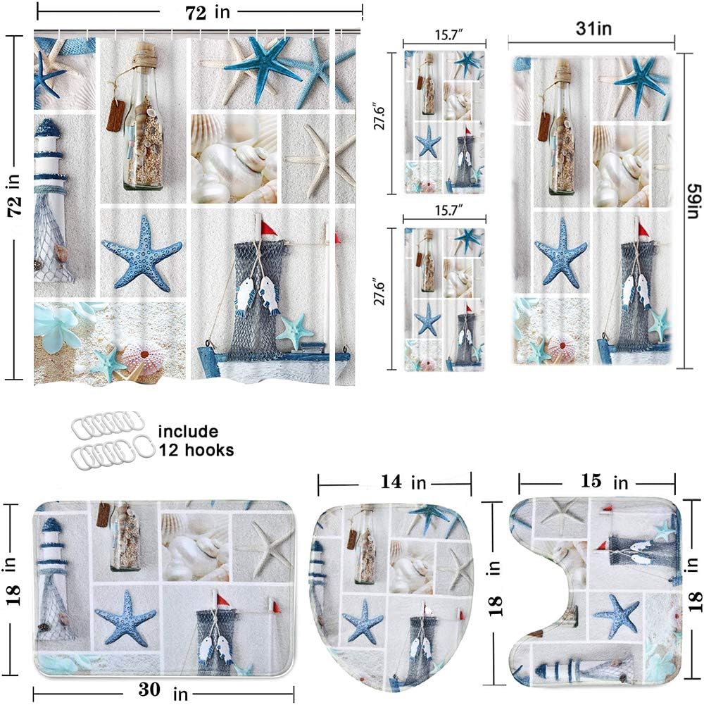 Super Deal Product 7 Pcs Nautical Shower Curtain Sets with Non-Slip Rugs, Toilet Lid Cover and Bath Mat, Marine Sail Sailboat Beach Star fishs Shell Sea Life Curtain with 12 Hooks