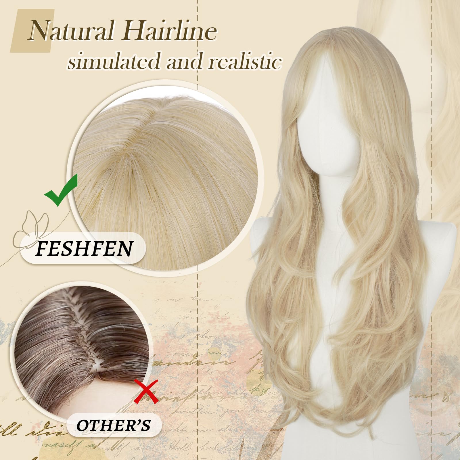 FESHFEN Perruque Longue pour Femmes Blond Platine Perruque avec Frange Dégradé Cheveux Naturelle Synthétique Résistante à la Chaleur Perruques Ondulé Utilisation Quotidienne Fêtes, 65 cm