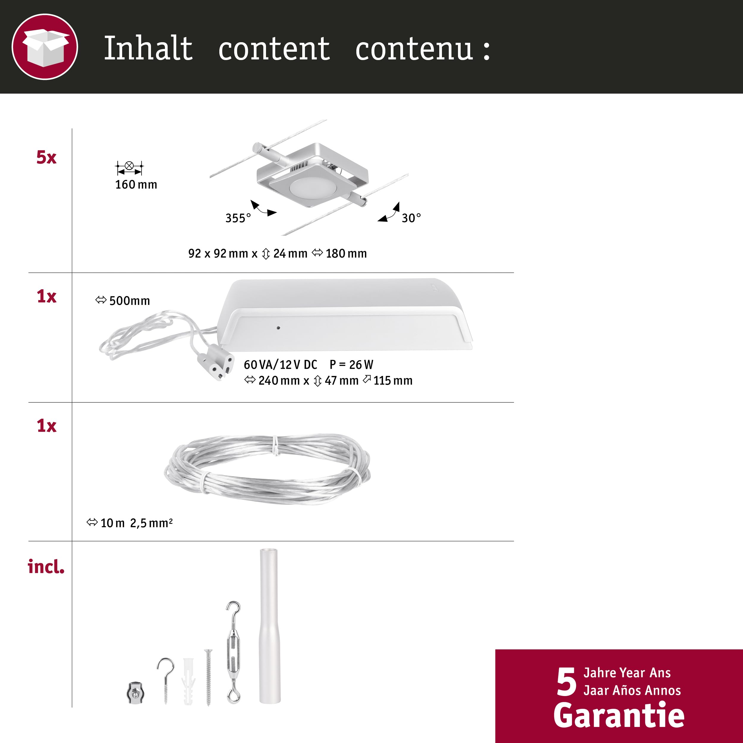 Paulmann 94420 Corduo Kit de système à câble LED RoundMac DC, 5 x 4,5 watts inclus, extensible, chrome mat, chrome, câble métallique, 3 000 K