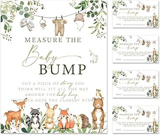 Whaline Baby Shower Games 50Pcs Woodland Measure The Baby Bump Cards with Sign Cute Forest Animals Party Game Cards for Party Favor Supplies