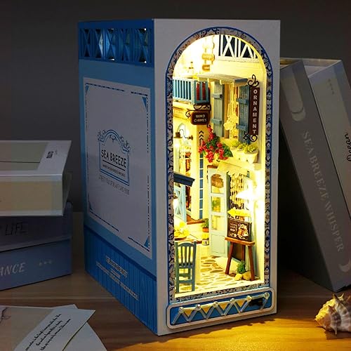 Miniatura 3 de Spilay Kit de rincón de libros para bricolaje, kit de casa de muñecas en miniatura con muebles y LED, rompecabezas de madera 3D para estantería,