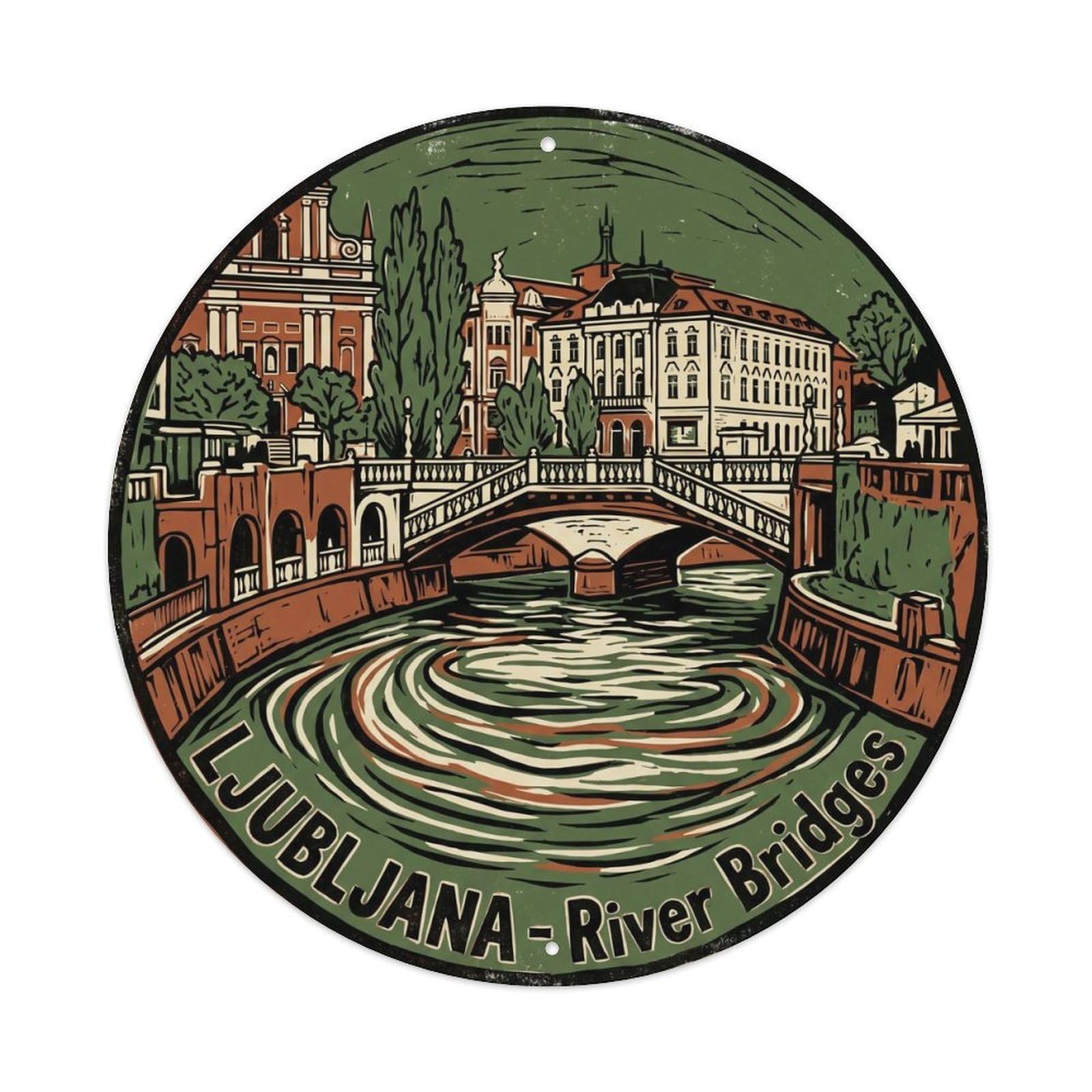 Yrnq Vintage Style Vintage Travel Triple Bridge Slovenia Vintage Metal Tin Sign Plaque Wall Decor For Cafe, Club, Garden Round Metal Poster 8X8inch