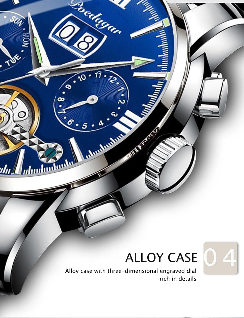 Rear view of the Poedagar watch showing the mechanical movement