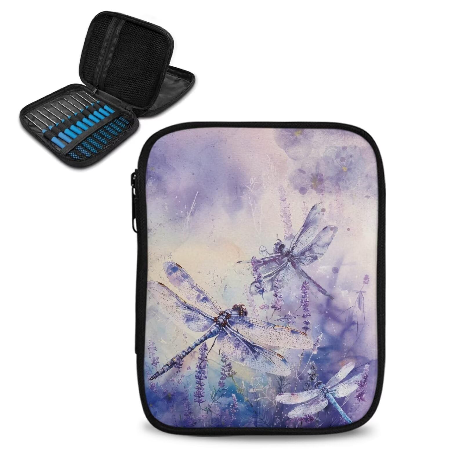 Uorisanigo Crochet Hook Case Empty Purple Dragonfly Organizer Zipper Bag with Mesh Pockets for Various Crochet Needles and Knitting Accessories Medium Circular Knitting Project Bag