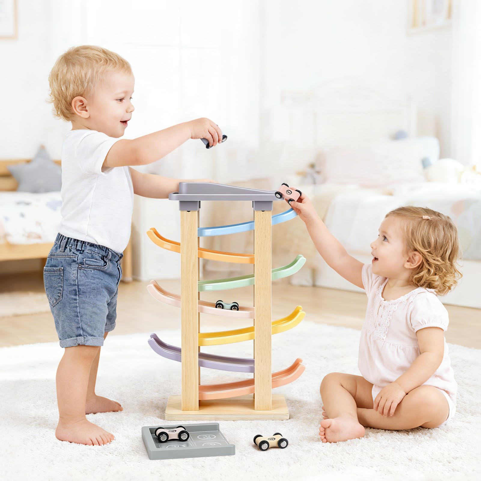 Joyreal Kugelbahn Baby Holz ab 1 2 3 Jahr - Montessori Auto Spielzeug, Kugelbahnen Holzspielzeug Kinderspielzeug Geschenk zum 1. Geburtstag Junge Mädchen Baby