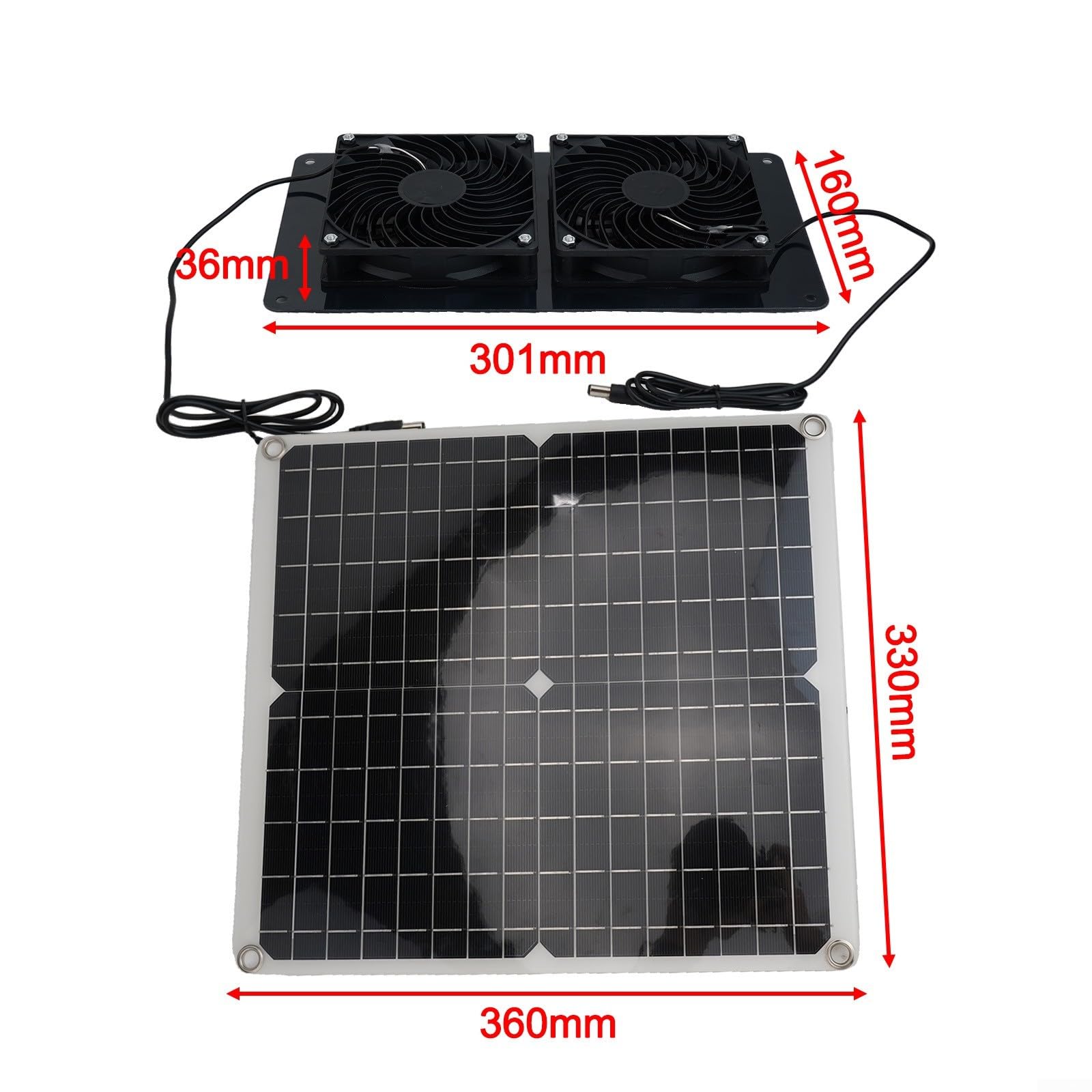 Eawfgtuw Système de ventilation solaire avec panneau en silicone monocristallin de 30 W CC 12 V 3000 tr/min double ventilateur pour serre de camping-car, niche pour animaux domestiques (ventilateur