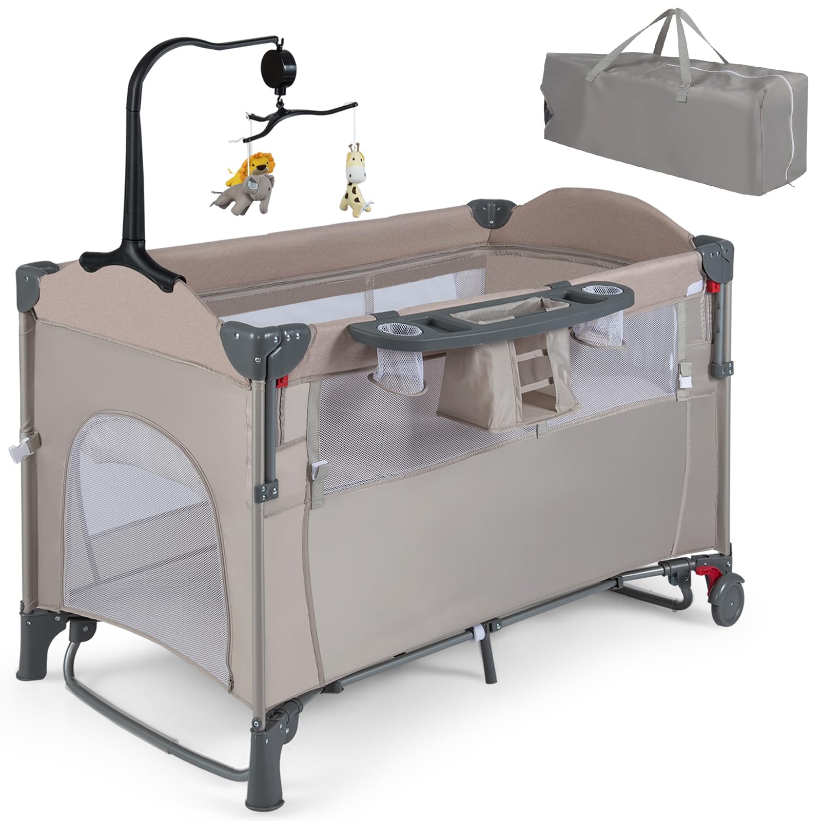 Maxmass 5 in 1 Baby Travel Cot, Folding Infant Crib with Mattress, Diaper Changer, Music Box, Hanging Toys & Basket, Height Adjustable Bedside Sleeper for Newborn (Khaki)