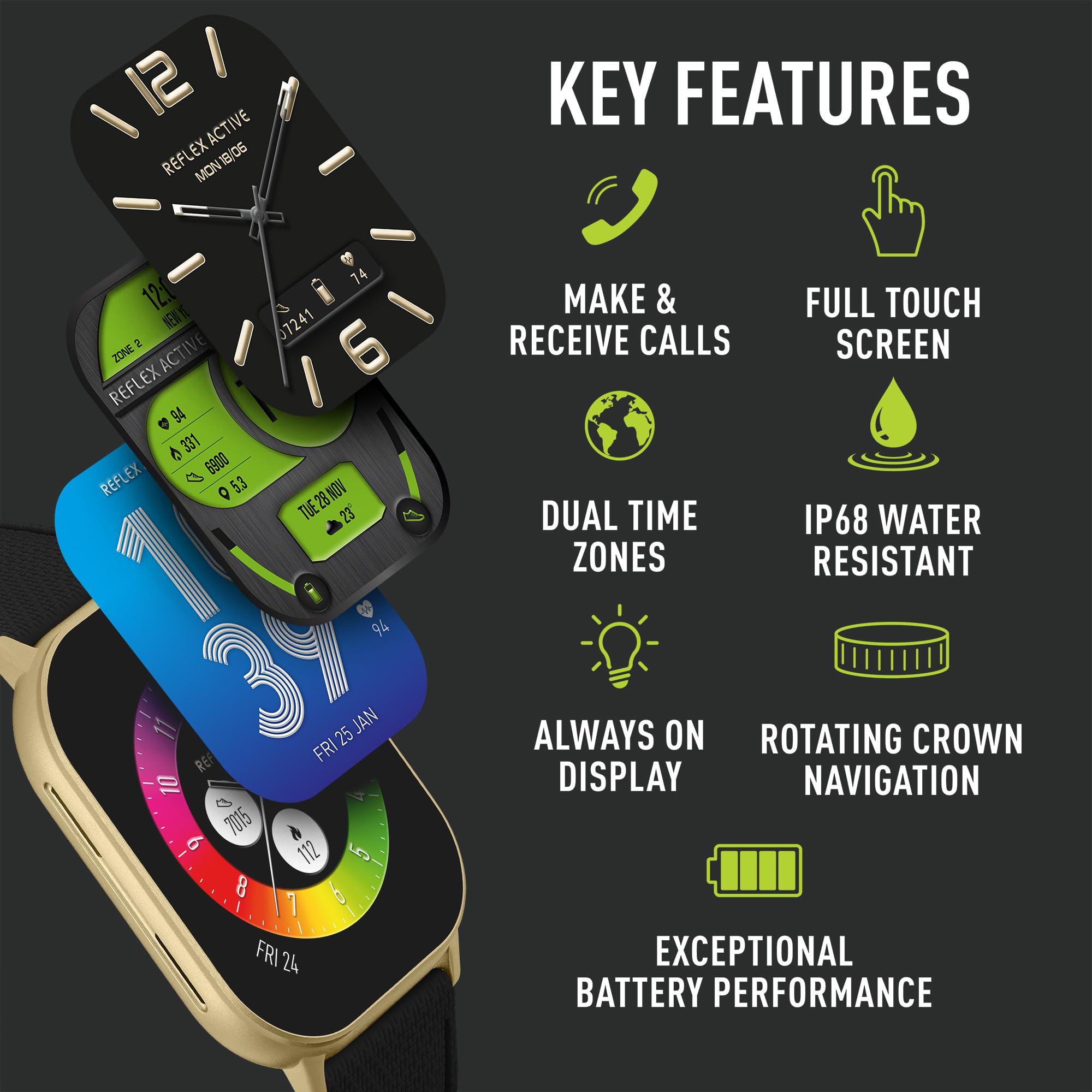 Reflex Active Amoled Series 29 Smart Watch con touch screen 2,04", cardiofrequenzimetro, ossigeno nel sangue, IP68, fitness tracking, cinturino nero per iOS + Android