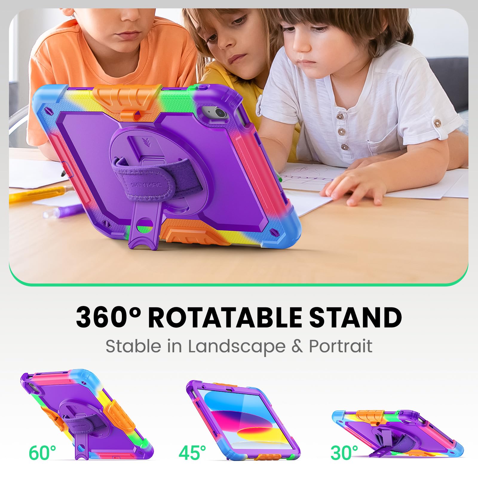 SEYMAC Funda para iPad (A16) 11/10 Generación 2025/2022 (11/10,9 Pulgadas), Resistente a los Golpes con Protector de Pantalla, Soporte Giratorio de 360°, Soporte para Lápiz, Camuflaje Morado