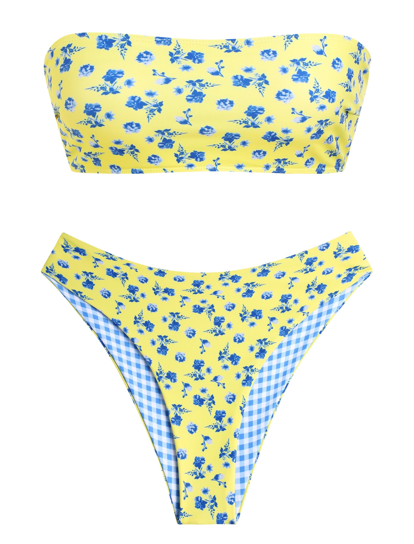 ZAFUL Women's High Cut Bandeau Bikini Set Strapless 2 Pieces Bathing Suit | Solid Color Swimsuit High-waisted Bikini Set