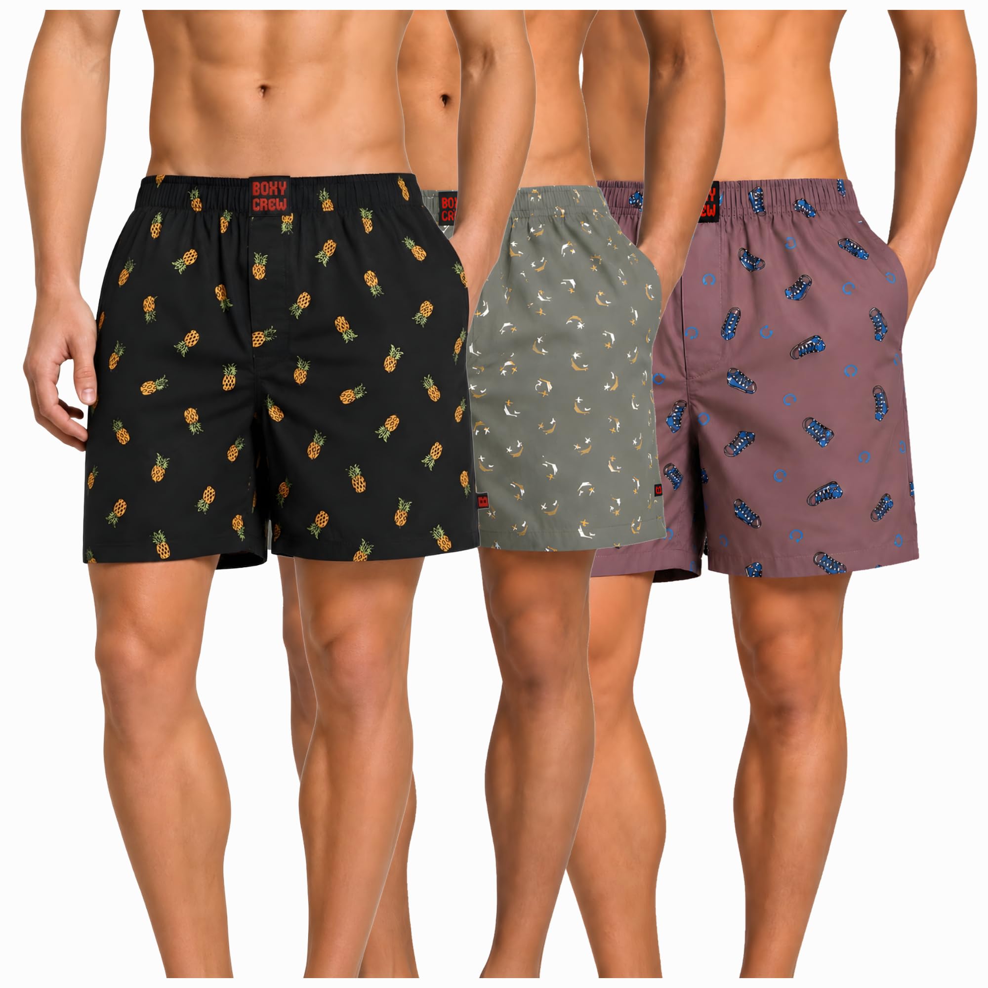 Men's 100% Cotton Boxer Shorts Pack of 3, Charcoal, Green & Mauve | Woven Boxers with Side Pockets, No-Marks Elastic Waistband, Breathable Relaxed Fit | Style 004-008-015-image-42