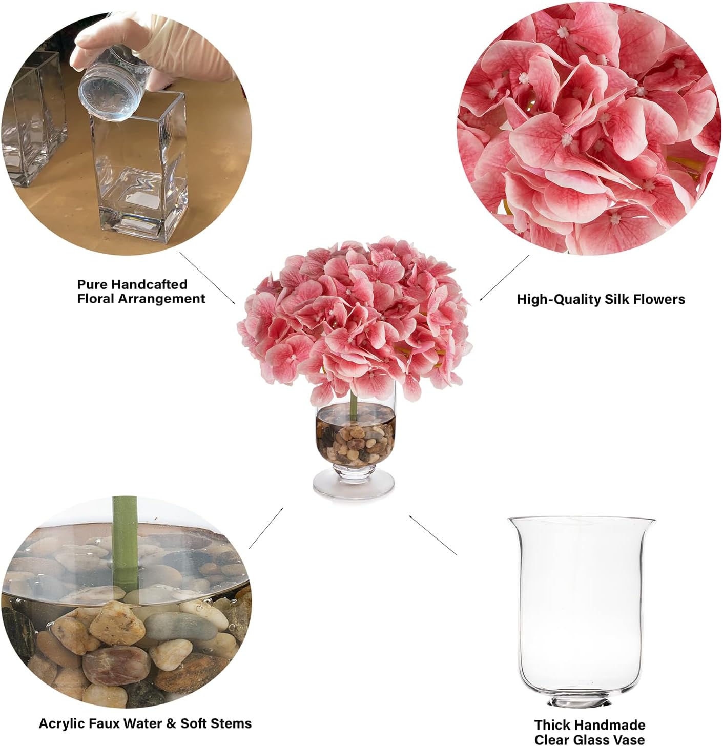 ENOVA FLORAL Real Touch Hydrangea Artificial Flowers in Glass Vase with Faux Water and River Stone,Silk Flower Arrangements in Vase for Home Decor, Wedding Table (Fushia)