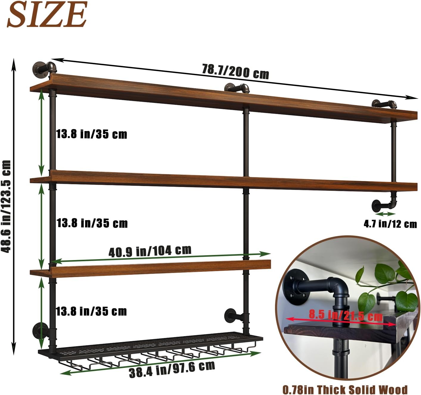 Solid Wood Wall Mounted Wine Rack, Large Wine Rack with LED Light, 4 Tiers Liquor Bottles Floating Shelves with Glass Holder, Industrial Bar Shelves for Home Bar Dining Room (1, 78.7 IN/ 200CM)