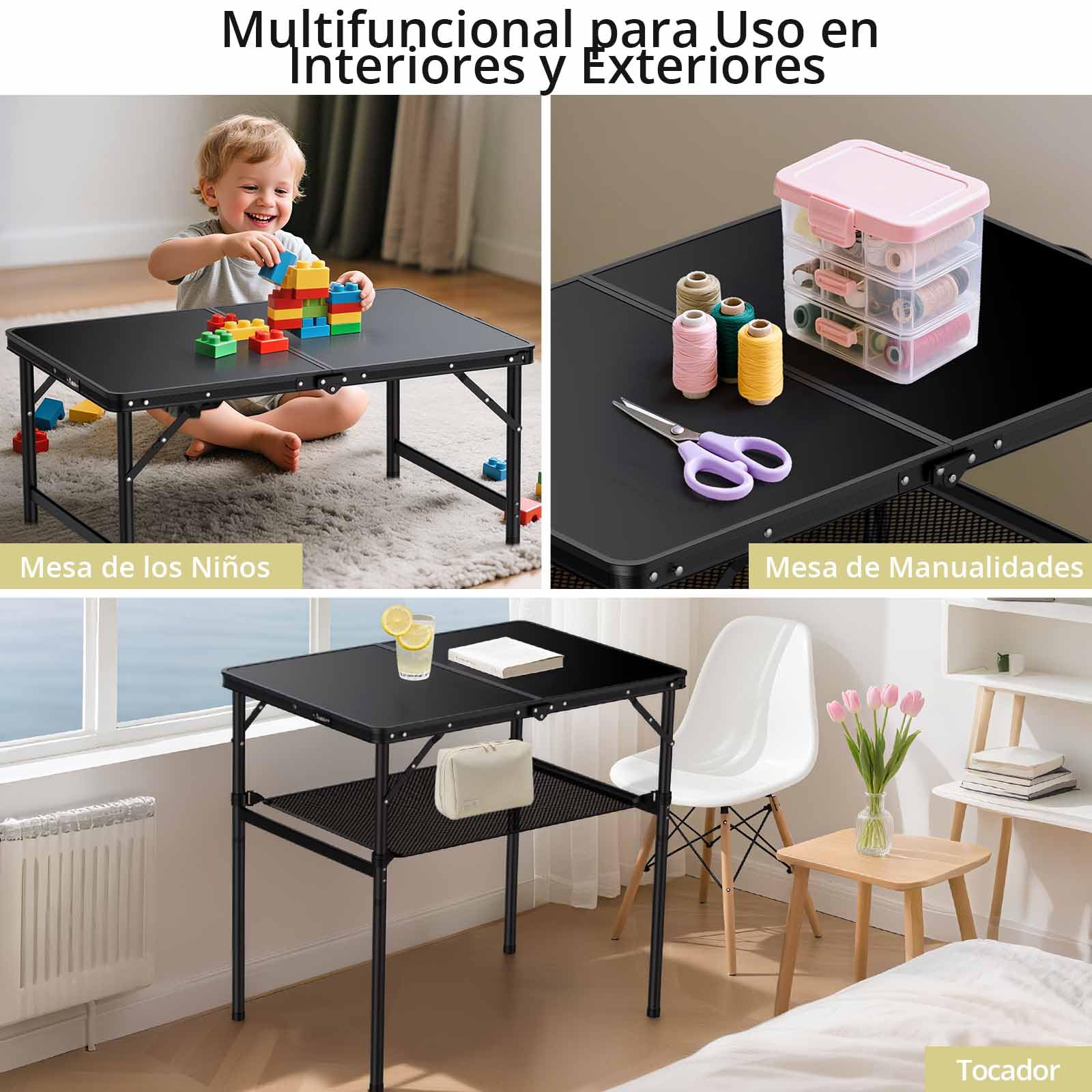 Anbte Mesa Camping Plegable 90x60x37.5/74.7cm Mesa de Acampada Portátil Aluminio Impermeable Resistente a La Oxidación para Balcón/Picnic/Playa/Barbacoa-Negro