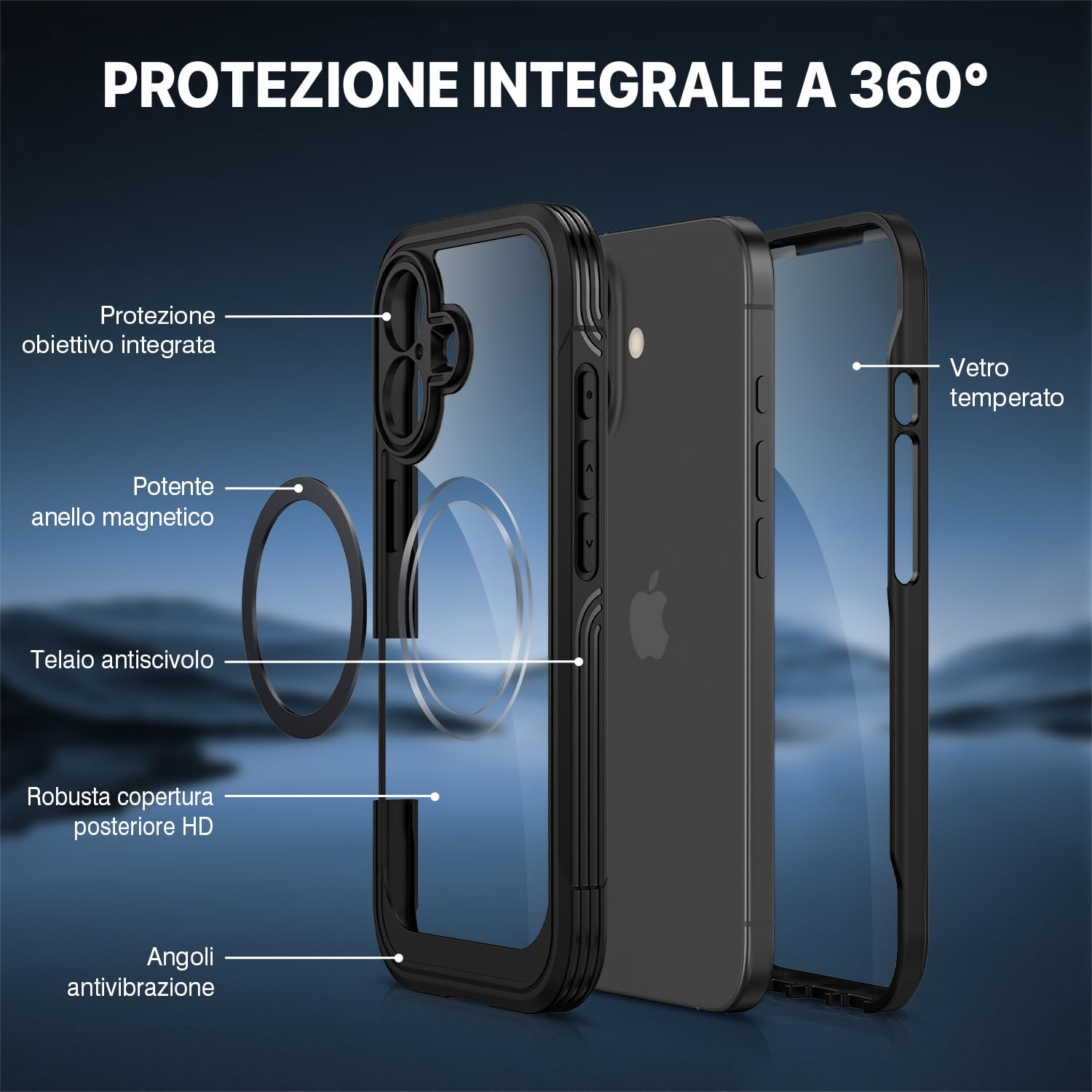 CENHUFO Magnetica Cover iPhone 17 [Compatibile con Magsafe] Integrata 9H Vetro Temperato Schermo e Protezione Fotocamera, Custodia Antiurto 360 Gradi Fronte Retro Guscio Doppia Faccia Case - Nero