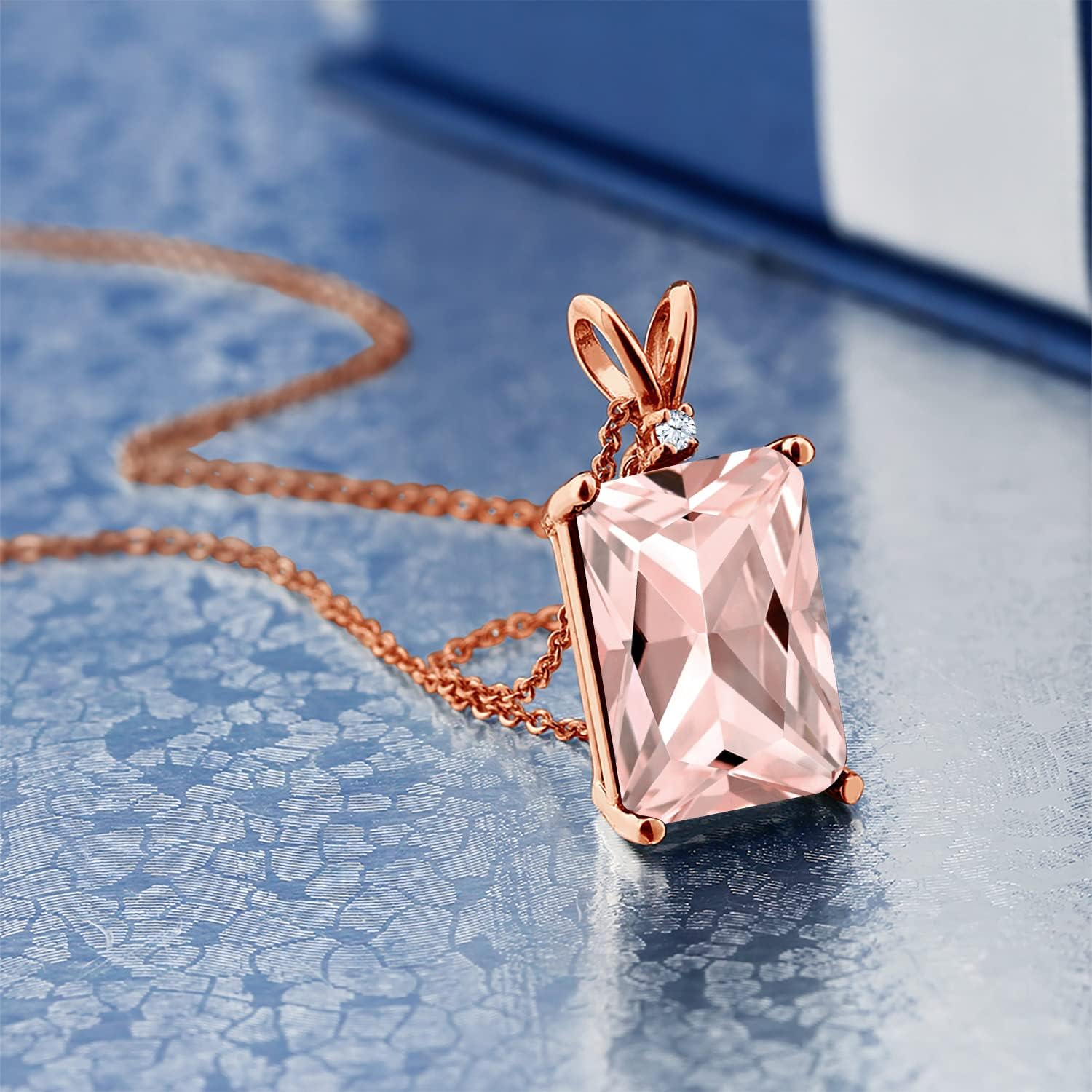 Gem Stone King 18K Rose Gold Plated Silver Gemstone Birthstone Pendant Necklace for Women | 14X10MM Emerald Cut and 1.5MM Round Accents | With 18 Inch Silver Chain