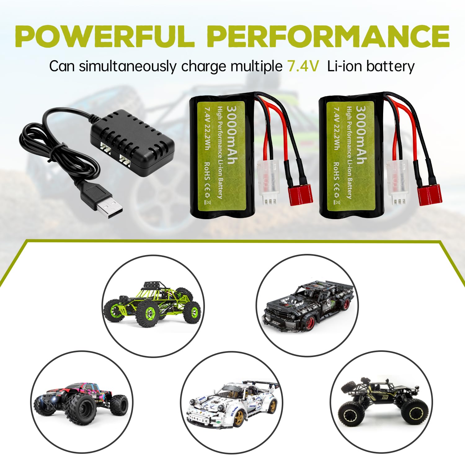 7.4V 3000mah 15C 2S Li-ion batteria con T-Plug con cavo di ricarica USB per WLtoys 12423 MJX 14301 14302 14303 H16PL RC Auto 1/10, 1/12, 1/16 Scala RC Auto Camion RC Barca