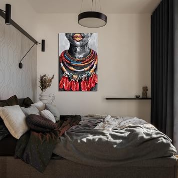 iHAPPYWALL Black Girl Canvas Wall Art African American Woman Picture Tribal Necklaces Painting Artwork for Bedroom Modern Home Decor Ready to Hang 24x36inch