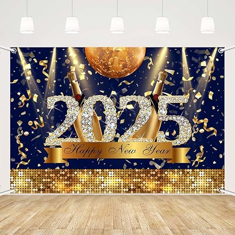 MEHOFOND 8x6ft Happy New Year Gold and Blue Backdrop 2025 New Year Eve Countdown 2025 Gold Gliter Photography Background Champagne Party Banner Decoration Supplies Photo Booth Props Cover