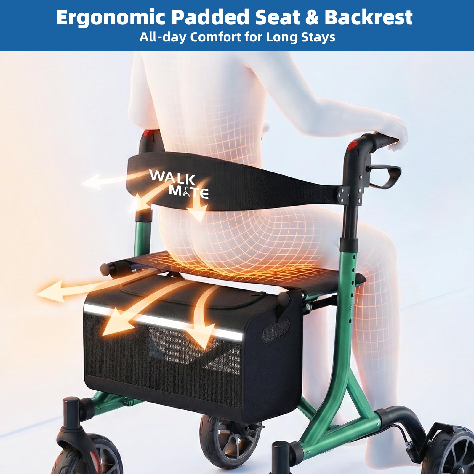 WALK MATE Andador con ruedas para personas mayores con soporte para tazas, botón mejorado para ajuste de altura, ruedas de 4 x 8 pulgadas con respaldo acolchado, plegable, ligero, ayuda para caminar,