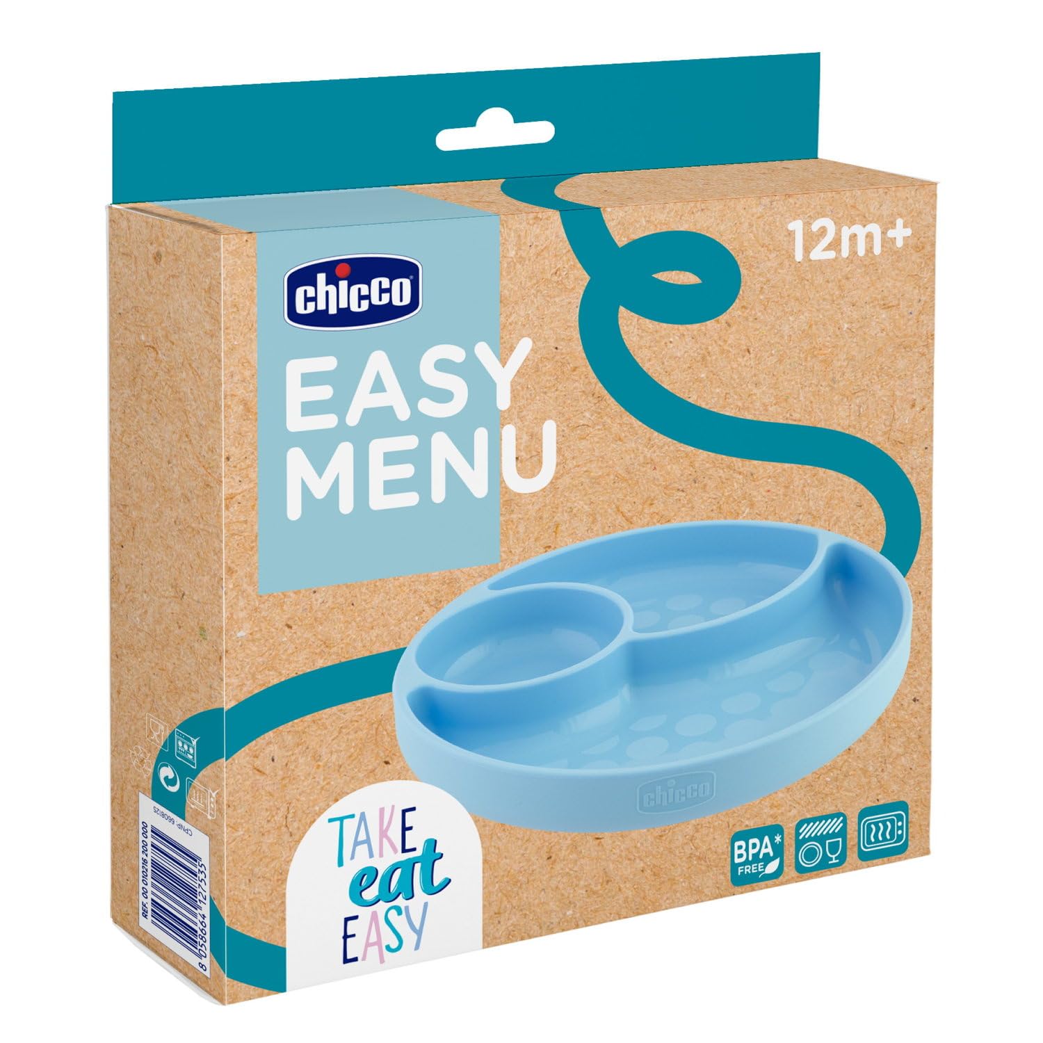 Chicco Plato para Bebé con Ventosa en la Base con 3 Compartimentos, Material Suave y Duradero, Apto para Lavavajillas y Microondas, Sin BPA – Plato con Divisiones de Silicona, Infantil +12 Meses, Azul