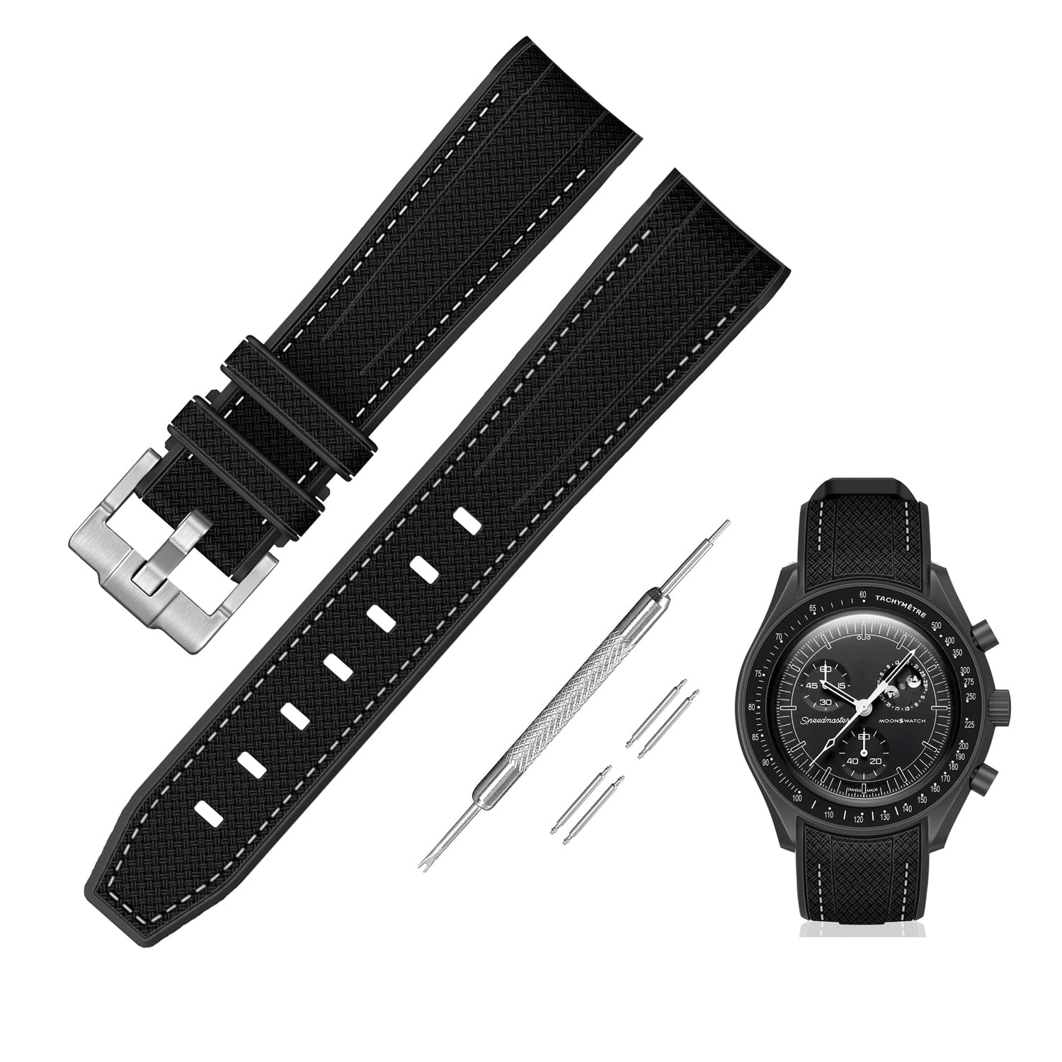 [Jumpsunfun] 20mm 時計バンド for Omega X Swatch Speedmaster MoonSwatch オメガとスウォッチ用シリコンベルト Quick Release 交換工具付き ブラック・ホワイトステッチ