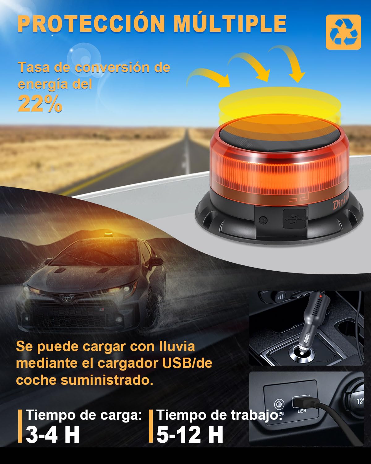 Dinfu rotativo led bateria solar 9 patrones de destello 12 V 24 V | amarilla luz de advertencia LED imán con Cargador para coche y cable USB para coche camión tractor carrito de golf SUV