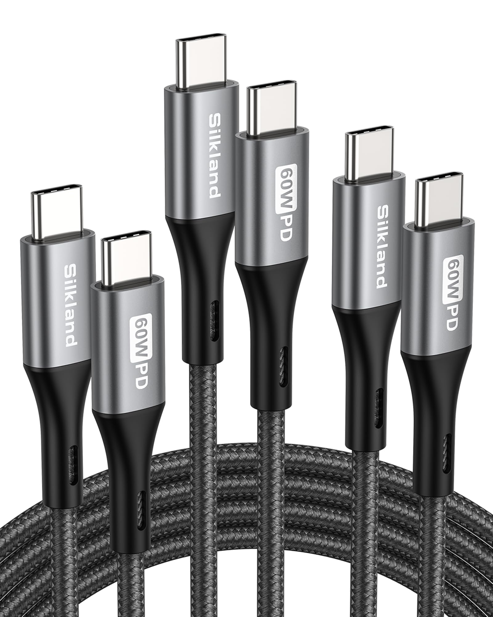 Silkland USB C to USB C Cable 60W 3 Pack [6.6ft+3.3ft+1.6ft], PD QC 3.0, Type C Fast Charger USBC Cord Compatible for iPhone 17, Samsung S24/S23 Ultra, iPad Pro Air Mini, MacBook, Pixel