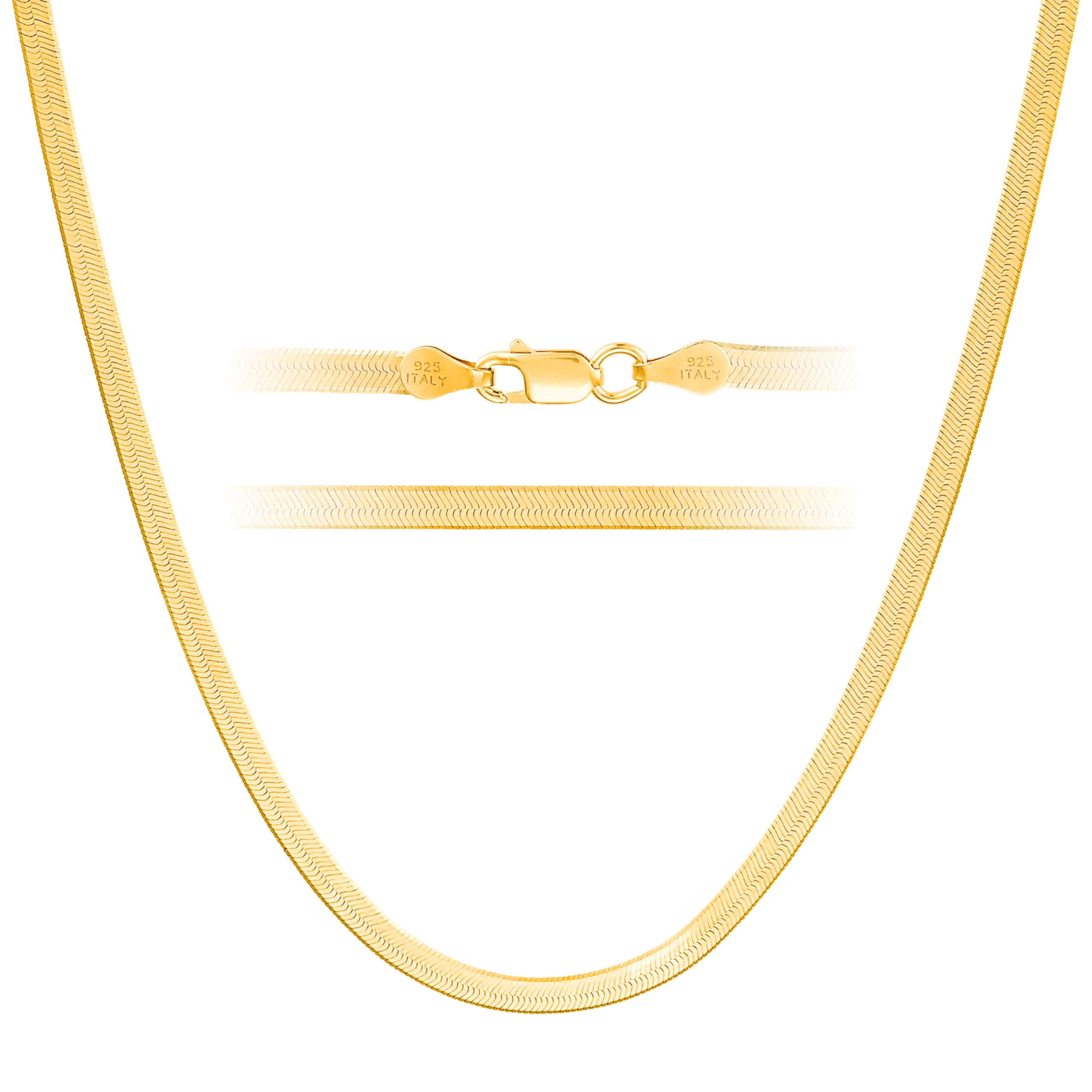 KISPERSolid 925 Sterling Silver 24k Gold Plated Herringbone Necklace for  Women Men, Italian Diamond-Cut 3mm Snake Chain Necklace, Made in Italy