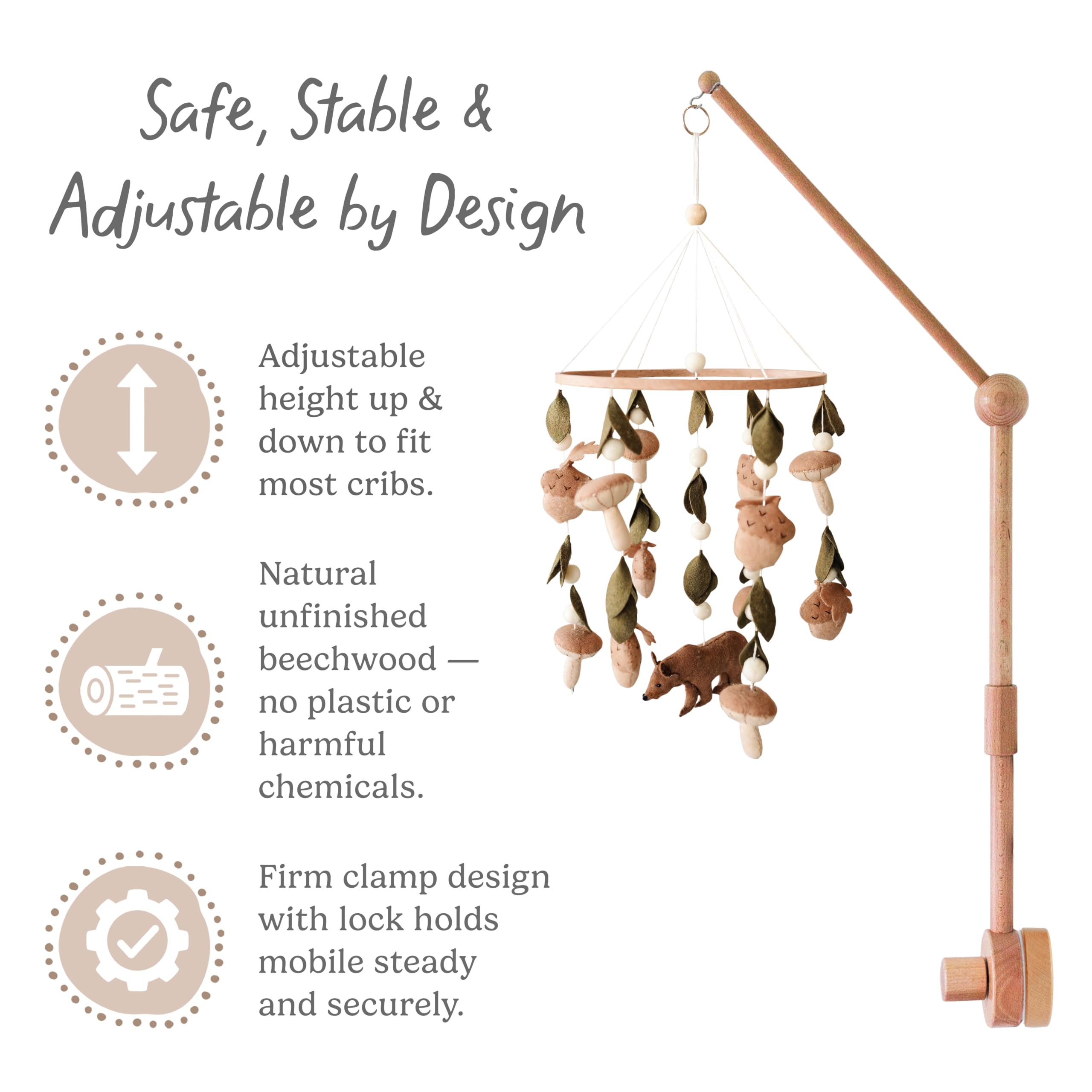 Soporte de madera para cuna de bebé, colgador móvil para cuna (31 pulgadas, 100% madera de haya natural), fuerte antideslizante, decoración de guardería y accesorios de regalo (original)