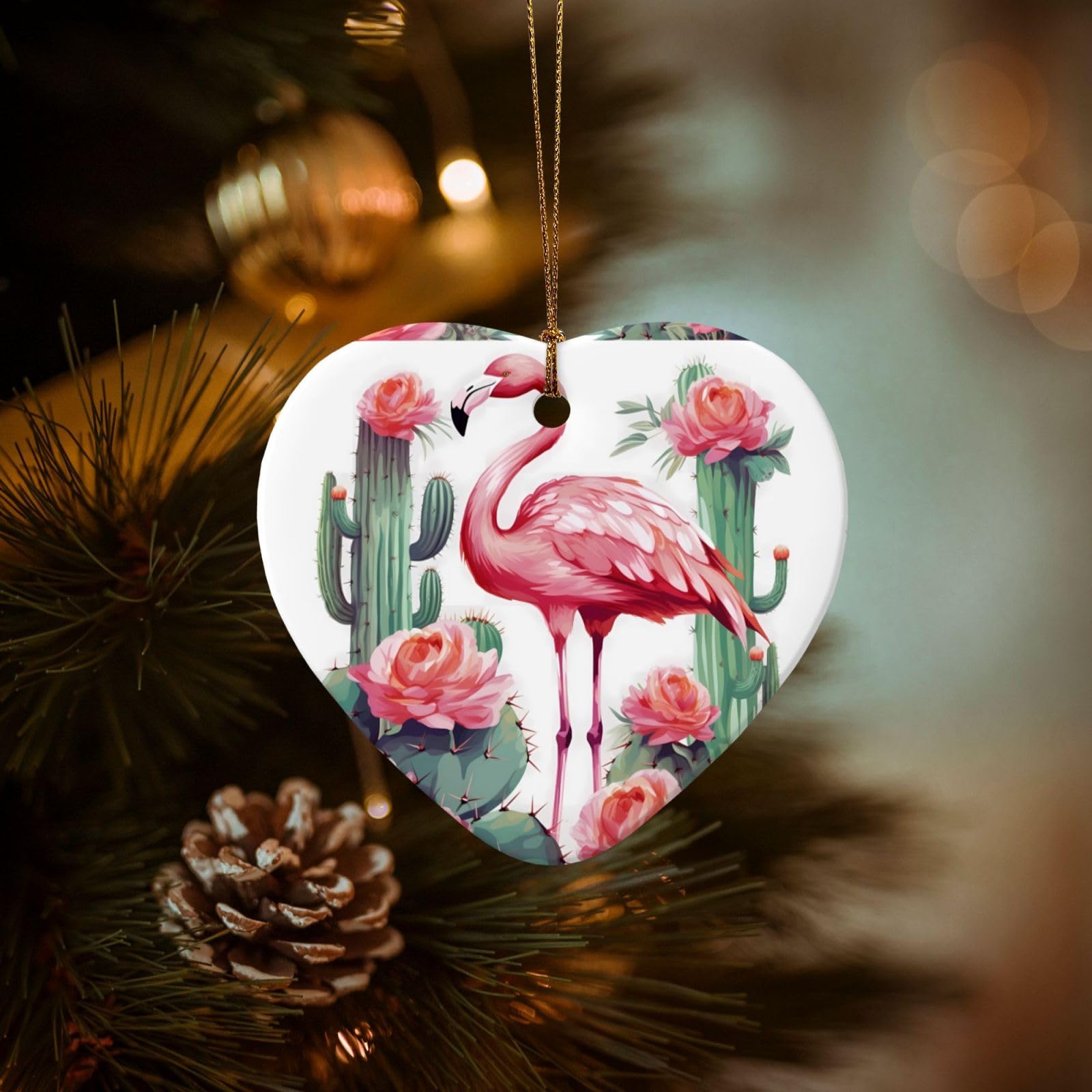 Christmas Tree Ornaments Ceramics Christmas Decorations Cactus Flamingo Rose Flowers Ornaments with Gold Ribbon Porcelain Xmas Tree Crafts Heart Shape Hanging Pendant for Christmas Tree Party Decor