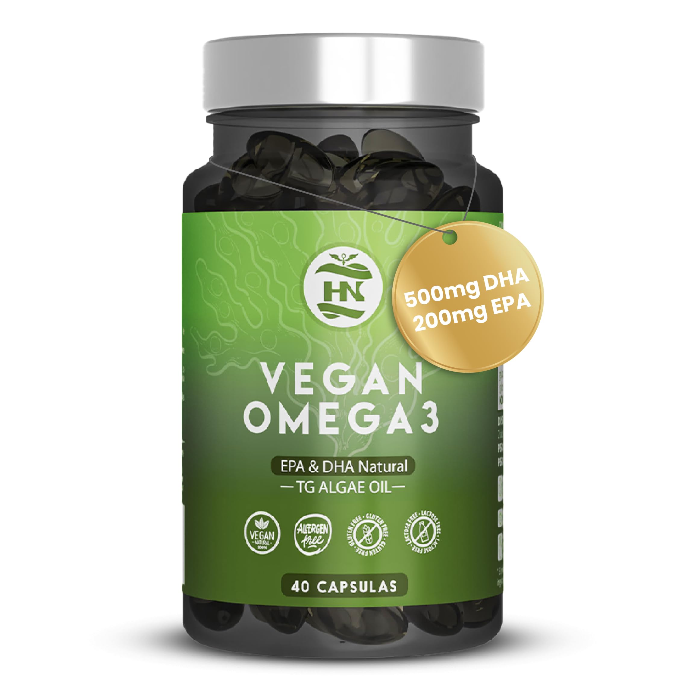 Omega 3 Vegano de Algas Omega3 Aceite de Algas equilibrado con DHA y EPA, Omega-​3 Algas Marinas con Vitamina E, Ideal para Cerebro y Corazón, Suplemento para Veganos-​Vegetarianos (40)