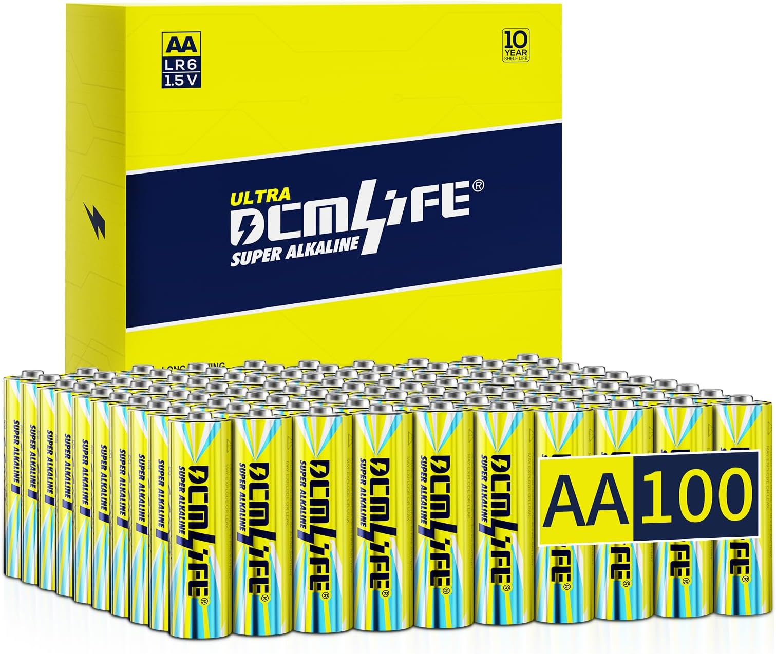 DCMLIFE AA Batteries 100 Pack Double A Batteries,Long-Lasting Alkaline AA Battery for Household Devices,Leakproof,10-Year Shelf Life