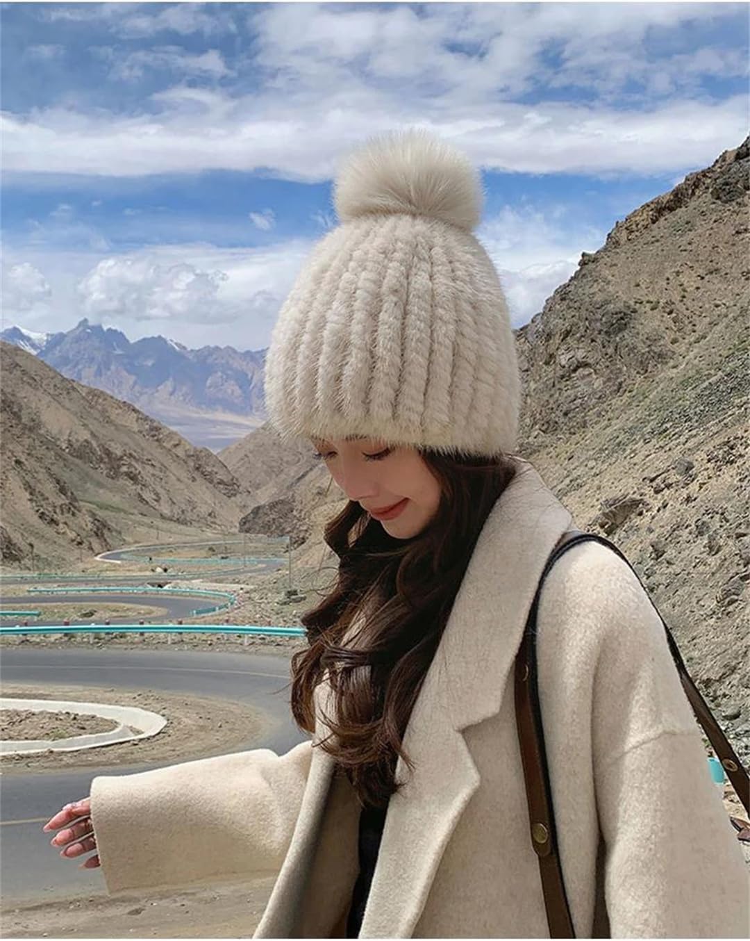 Women Mink Fur Thicken Fur Knitted with Pompoms Beanies Hat Caps
