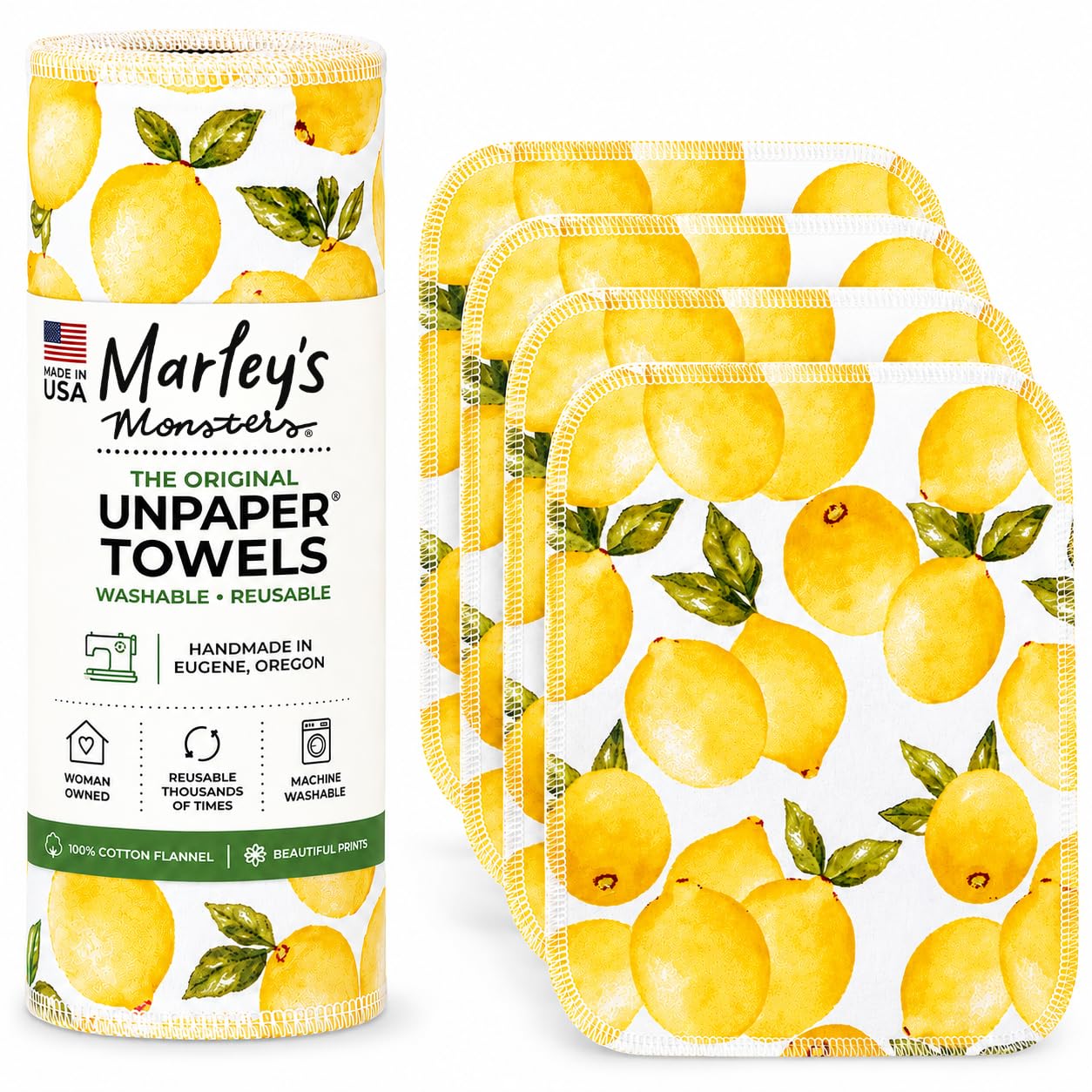 Marley's Monsters Boys Vintage Lemons Unpaper Towels - 12 Count Roll, Reusable Paper Towels Cotton, Tree Free (Vintage Lemons)