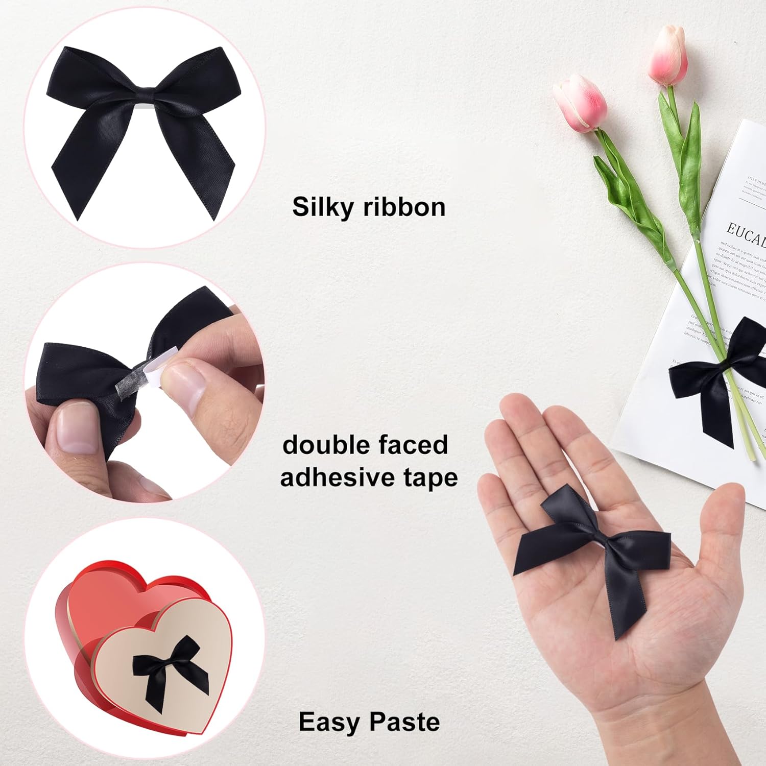 15PCS Self-Adhesive Black Bow Decor, 2.5" Premade Satin Ribbon Bow, Soft Small Craft Bowknots for Present Wrapping, Cute Cake Bows for Wedding Birthday Party Decoration - Black - Image 4