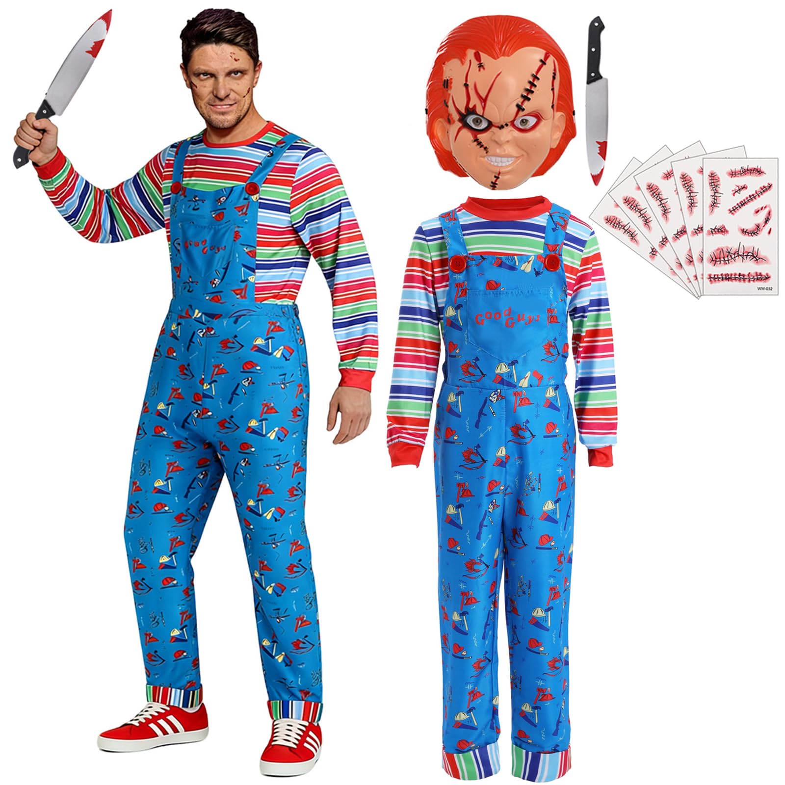 SINSEN Adult Chucky Costume for Men Women Creepy Doll Scary Killer Costume with Horror Mask Long Sleeve Shirt Jumpsuit Overalls Bloody Knife Toy Scar Tattoos Halloween Cosplay Outfit