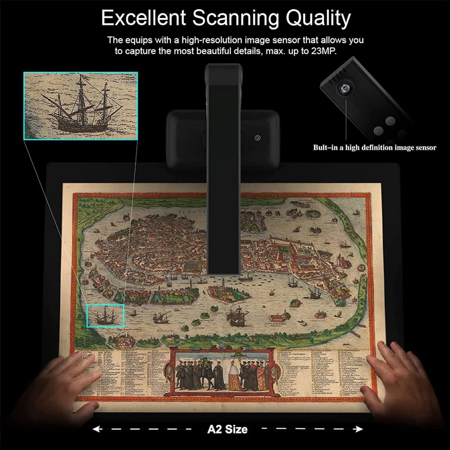 Scanner per libri di grande formato A2, scanner con fotocamera ad altezza regolabile, risoluzione fino a 23 MP, lisciatura e scansione automatica di doppie pagine di libri, riconoscimento testo OCR