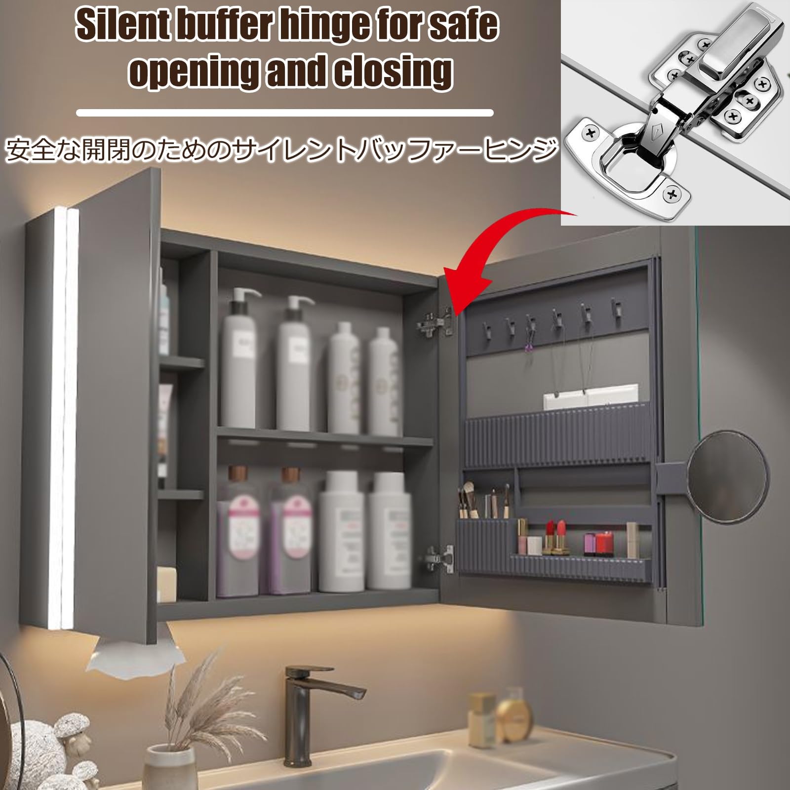Mobiletto A Specchio,Mobile Bagno Con Specchio,Specchiera Bagno Con Contenitore,Luce Regolabile,Sbrinatore,Per Soggiorno, Lavanderia, Fango(Gray,120cm/47.2in)